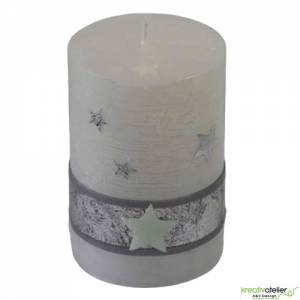 weiße Rustic Weihnachstkerze mit Perlmutt-Oberfläche, Sternen und antik-silbernem Echtwachsband, Weihnachtsdeko Bild 2
