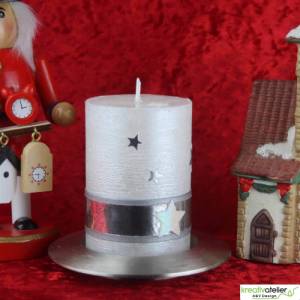 weiße Rustic Weihnachstkerze mit Perlmutt-Oberfläche, Sternen und antik-silbernem Echtwachsband, Weihnachtsdeko Bild 4