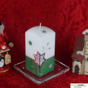 Weihnachtskerze mit Weihnachtsstern und Sternenschweif mit Strass-Steinen grün, weiß, silber, Quaderform Bild 1