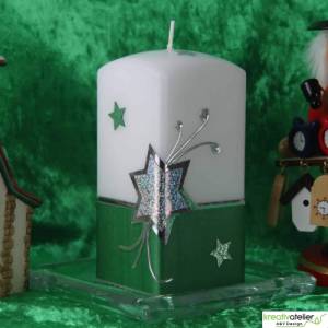 Weihnachtskerze mit Weihnachtsstern und Sternenschweif mit Strass-Steinen grün, weiß, silber, Quaderform Bild 4