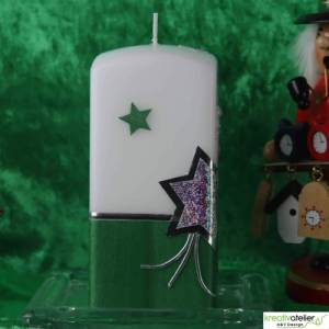 Weihnachtskerze mit Weihnachtsstern und Sternenschweif mit Strass-Steinen grün, weiß, silber, Quaderform Bild 5
