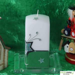 Weihnachtskerze mit Weihnachtsstern und Sternenschweif mit Strass-Steinen grün, weiß, silber, Quaderform Bild 6