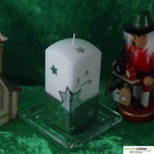 Weihnachtskerze mit Weihnachtsstern und Sternenschweif mit Strass-Steinen grün, weiß, silber, Quaderform Bild 7