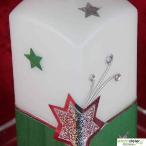 Weihnachtskerze mit Weihnachtsstern und Sternenschweif mit Strass-Steinen grün, weiß, silber, Quaderform Bild 9