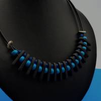 Lederkette, Keramikkette SPIKES, türkisblau blau schwarz, Collier, Statementkette, Halskette, Handarbeit, Keramikschmuck Bild 1