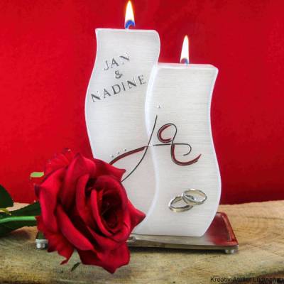 Hochzeitskerze Welle "ja" mit Perlmutt-Oberfläche und zwei Dochten, Brautkerze, Traukerze, personalisierbar