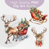 Rentier mit Schlitten PNG Clipart Bundle - 10 Aquarell Bilder, Transparenter Hintergrund, Weihnachten Dekoration Bild 1