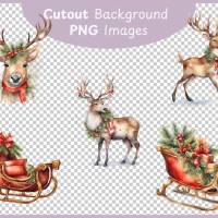 Rentier mit Schlitten PNG Clipart Bundle - 10 Aquarell Bilder, Transparenter Hintergrund, Weihnachten Dekoration Bild 3