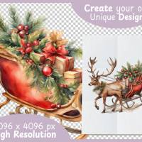 Rentier mit Schlitten PNG Clipart Bundle - 10 Aquarell Bilder, Transparenter Hintergrund, Weihnachten Dekoration Bild 4