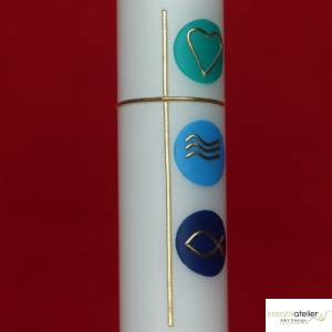 Taufkerze mit Kreuz und den christlichen Symbolen Herz, Wasser und Fisch in gold auf 3 Kacheln, handverziert, elfenbein Bild 7