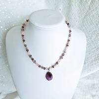 Perlenkette mit Amethyst Anhänger, Edelsteinkette Amethyst, Damenkette kurz Bild 4