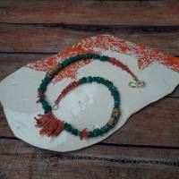 Halskette Amazonit mit Korallenästen und afrikanischen Recycling Glasperlen, grün-rot-gelb Bild 2