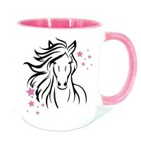 Tasse Pferd mit Namen personalisiert, Pferdekopf mit Sternen, rosa blau schwarz Bild 3