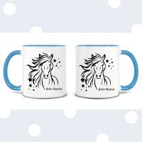 Tasse Pferd mit Namen personalisiert, Pferdekopf mit Sternen, rosa blau schwarz Bild 6