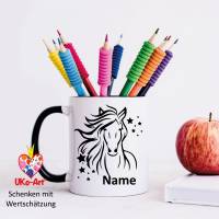 Tasse Pferd mit Namen personalisiert, Pferdekopf mit Sternen, rosa blau schwarz Bild 7