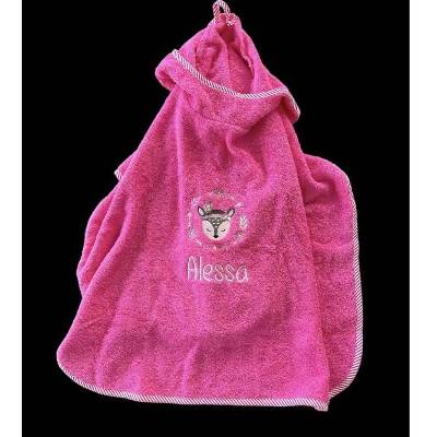 Bade Poncho mit süßem Reh Kitz und Boho Blumenkranz bestickt, Geschenkidee Baby, Badeponcho Kind pink, Bohotiere 