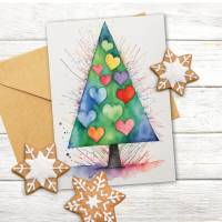 Weihnachtskarte "Weihnachtsbaum & Herzen" | Aquarell | Digitaler Download | Selber drucken Bild 1