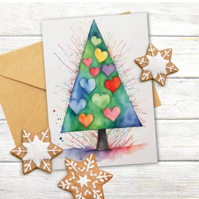 Weihnachtskarte "Weihnachtsbaum & Herzen" | Aquarell | Digitaler Download | Selber drucken