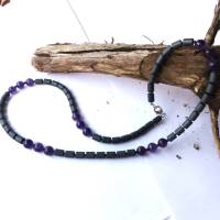 Edelsteinkette für Männer aus lila Amethyst & mattiertem schwarzen Hämatin, Handgefertigtes Geschenk Bild 2