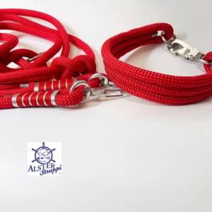 Hundeleine und Halsband Set, verstellbare Leine, Kletterseil rot, griffig, Halsband mit Edelstahl Karabiner und Ringen Bild 2