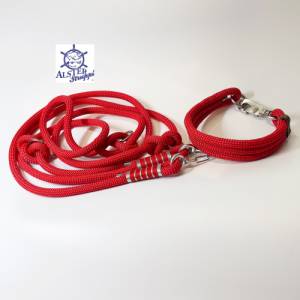 Hundeleine und Halsband Set, verstellbare Leine, Kletterseil rot, griffig, Halsband mit Edelstahl Karabiner und Ringen Bild 3