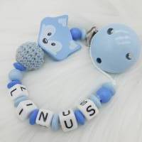 Schnullerkette mit Name personalisiert 3D Fuchs mit Häkelperle hellblau skyblau für Jungen Nuckelhalter mit Fuchskopf Bild 1