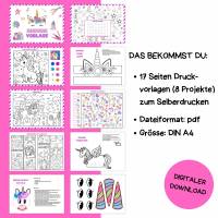 Bastelvorlage Einhorn für Kinder Druckvorlage -  Kindergeburtstag Beschäftigung - Malvorlage - Digitaler Download Bild 3