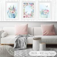 Landhaus Stil Poster Set - Pastell Blumen | Shabby Art Dekoration|  [A4] Bild 1