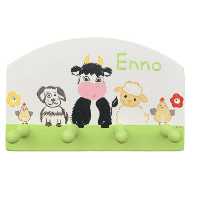 Kindergarderobe Bauernhoftiere weiß-hellgrün – personalisiert, handbemalt, Kinderzimmer, Geschenk