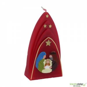 Rote Formenkerze Kuppelmotiv mit Heiliger Familie, Weihnachtskerze mit Maria, Josef und dem Jesuskind in der Krippe Bild 2