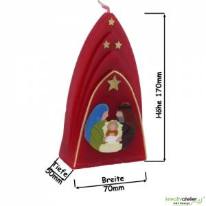 Rote Formenkerze Kuppelmotiv mit Heiliger Familie, Weihnachtskerze mit Maria, Josef und dem Jesuskind in der Krippe Bild 3
