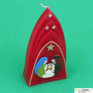Rote Formenkerze Kuppelmotiv mit Heiliger Familie, Weihnachtskerze mit Maria, Josef und dem Jesuskind in der Krippe Bild 4