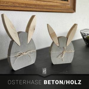 2er Set zu Ostern - Dekohasen aus Beton mit Ohren aus Vollholz und Dekoband Bild 1
