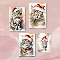 Weihnachtskarten "Santa Claus Christmas Cat" | 4 Aquarelle Bundle | Digitaler Download | Selber drucken Bild 1
