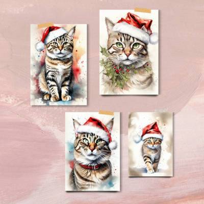 Weihnachtskarten "Santa Claus Christmas Cat" | 4 Aquarelle Bundle | Digitaler Download | Selber drucken