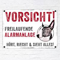 Hundeschild VORSICHT! FREILAUFENDE ALARMANLAGE (Bullterrier), wetterbeständiges Warnschild Bild 2