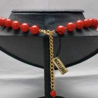 Vintage Perlenkette Knallrot Rot Kugelkette Plastik Kunststoff Goldfarbe für Party Mädchen Geschenk 80er Jahre Bild 2