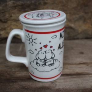 Teetasse mit Teesieb Liebende Schäfchen Spruchtasse "Mit Dir ist alles Schön!" Porzellan CEPEWA Vintage Bild 3