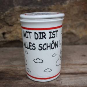 Teetasse mit Teesieb Liebende Schäfchen Spruchtasse "Mit Dir ist alles Schön!" Porzellan CEPEWA Vintage Bild 5