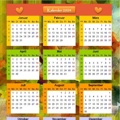 Jahreskalender 2024 auf einen Blick mit „Farben- und Lichtspiele“ PDF – DIN A4 - A2 zum Ausdrucken