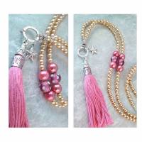 PINKIES PEARLS/kette/bettelkette/schmuck/lange kette/quaste/kette mit tassel/geschenk für sie/pink/edel/rosa/rockabilly/perlenkette Bild 1