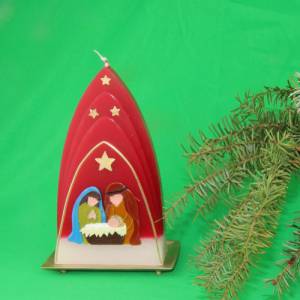 Formenkerze Kuppelmotiv mit Heiliger Familie, Weihnachtskerze rot, weiß, gold mit Maria, Josef und dem Jesuskind Bild 1