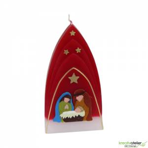 Formenkerze Kuppelmotiv mit Heiliger Familie, Weihnachtskerze rot, weiß, gold mit Maria, Josef und dem Jesuskind Bild 2