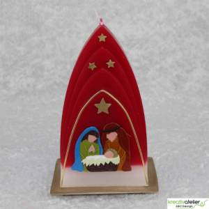 Formenkerze Kuppelmotiv mit Heiliger Familie, Weihnachtskerze rot, weiß, gold mit Maria, Josef und dem Jesuskind Bild 7