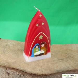 Formenkerze Kuppelmotiv mit Heiliger Familie, Weihnachtskerze rot, weiß, gold mit Maria, Josef und dem Jesuskind Bild 8