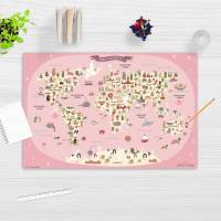 Weltkarte in rosa mit Tieren in deutsch – 60 x 40 cm – Schreibunterlage aus hochwertigem Vinyl – Made in Germany! Bild 3