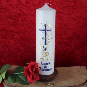 Hochzeitskerze in elfenbein mit zweifarbigem Kreuz und Blumenranke 300*80, Blau Gold, personalisiertes Hochzeitsgeschenk Bild 1