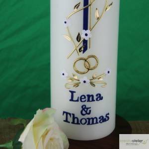 Hochzeitskerze in elfenbein mit zweifarbigem Kreuz und Blumenranke 300*80, Blau Gold, personalisiertes Hochzeitsgeschenk Bild 5