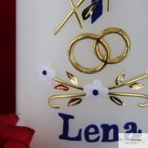 Hochzeitskerze in elfenbein mit zweifarbigem Kreuz und Blumenranke 300*80, Blau Gold, personalisiertes Hochzeitsgeschenk Bild 6