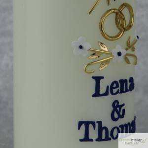 Hochzeitskerze in elfenbein mit zweifarbigem Kreuz und Blumenranke 300*80, Blau Gold, personalisiertes Hochzeitsgeschenk Bild 8